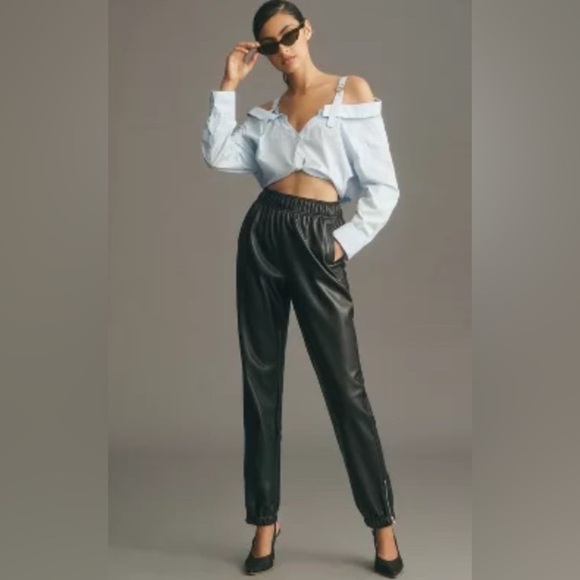 Anthropologie Avec Les Filles Faux Leather Black Joggers Pants Size Medium NWT - Picture 5 of 12